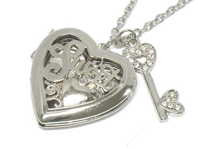 Filgree heart locket and crystal deco key charm necklace 