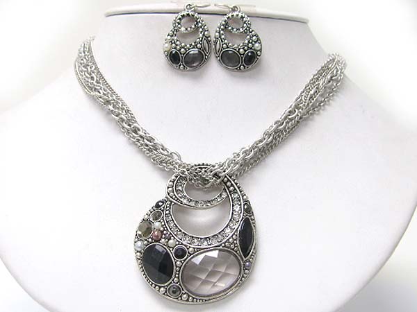 Crystal and facet acryl stone art deco pendant neckalce earring set