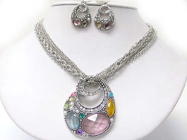 Crystal and facet acryl stone art deco pendant neckalce earring set