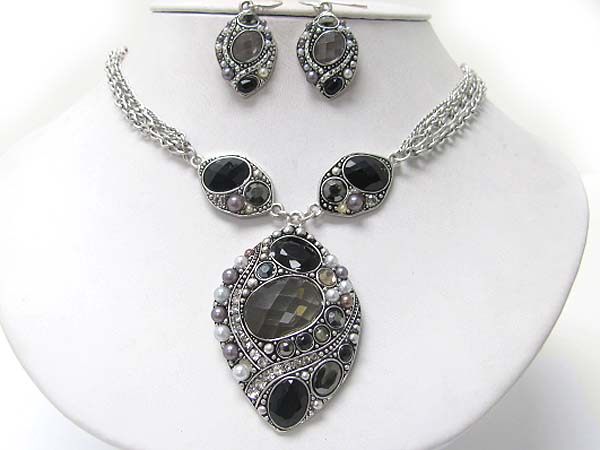 Crystal and facet acryl stone art deco pendant neckalce earring set