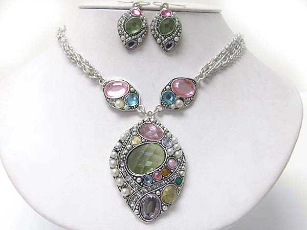 Crystal and facet acryl stone art deco pendant neckalce earring set