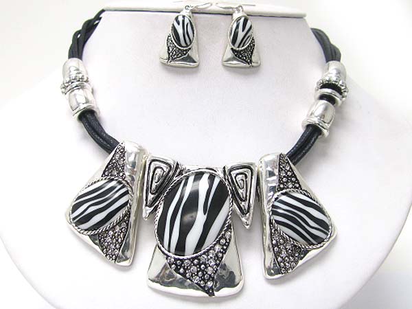 Three crystal deco zebra stone pendant and multi cord necklace earring set