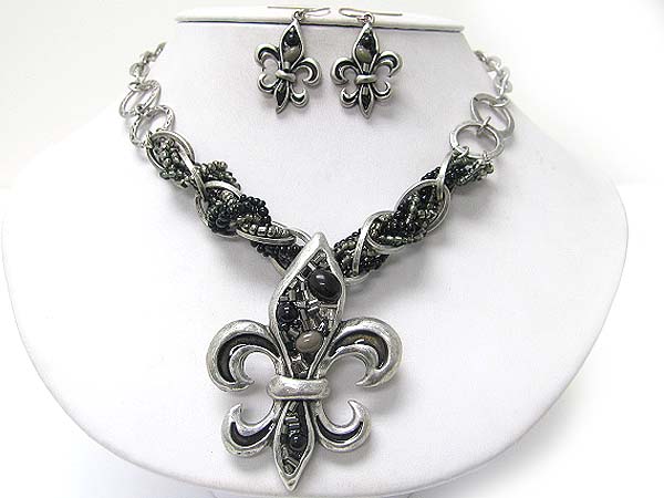 Mixed beads and stone deco fleur de lis pendant multi seed beads and chain braided necklace earring set