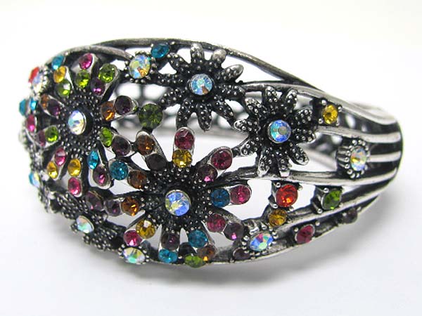 Crystal stud metal flower deco hinge bangle