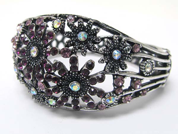 Crystal stud metal flower deco hinge bangle