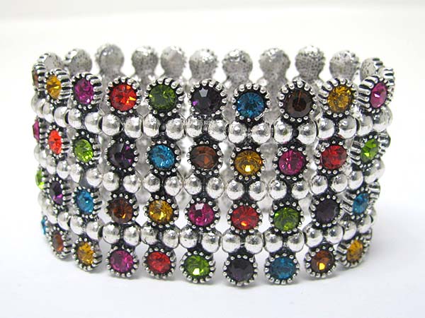 Multi line crystal stud metal stretch bracelet