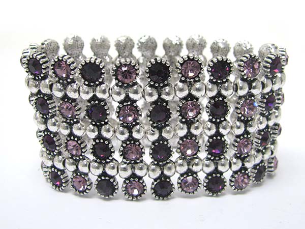 Multi line crystal stud metal stretch bracelet