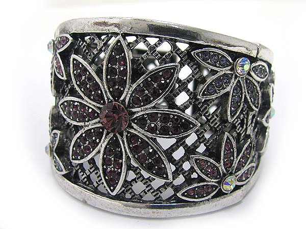 Crystal stud metal flower deco hinge bangle