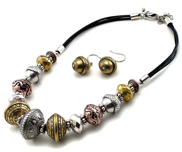 Multi textured metal ball link necklace earring set