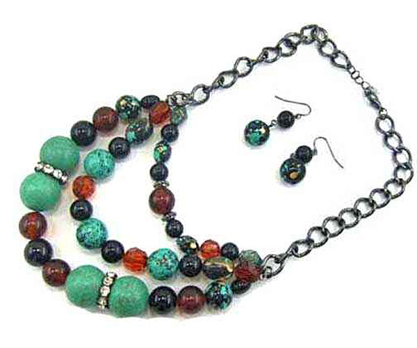 Triple layer panita and glass ball necklace earring set