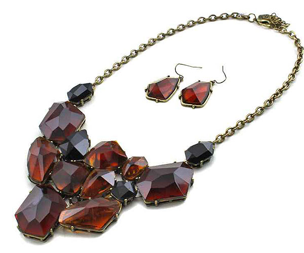 Facet multi acrylic stone bib style necklace earring set 