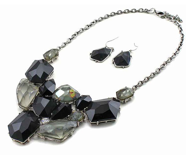 Facet multi acrylic stone bib style necklace earring set