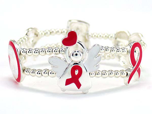 Pink ribbon and guardian angel stretch bracelet - breast cancer awareness