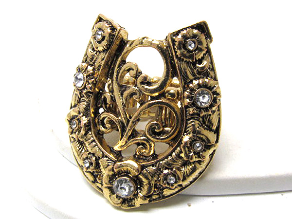 Crystal large filigree horse shoe stretch ring