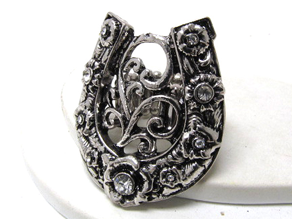 Crystal large filigree horse shoe stretch ring