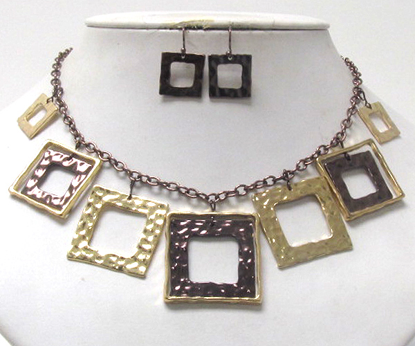 Hammered multi square metal dangle necklace earring set