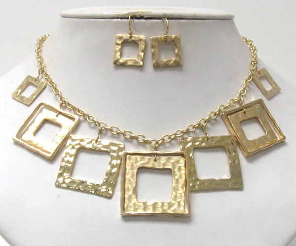 Hammered multi square metal dangle necklace earring set