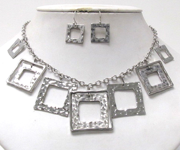 Hammered multi square metal dangle necklace earring set