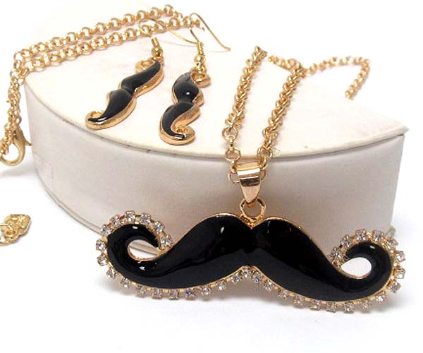 Crystal deco metal mustache necklace earring set