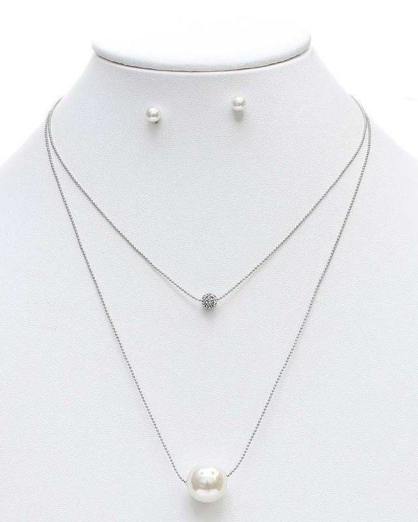 Crystal ball and glass pearl double layer necklac set