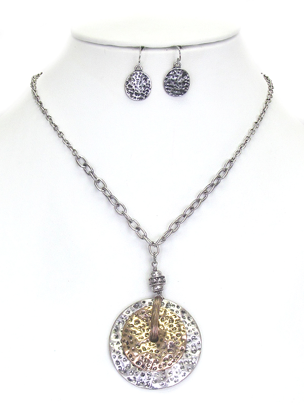 Double metal disk pendant necklace set