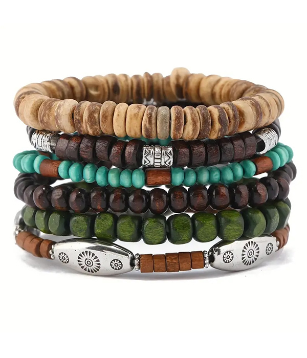 6 piece coconut shell and wood bead stackable stretch bracelet set