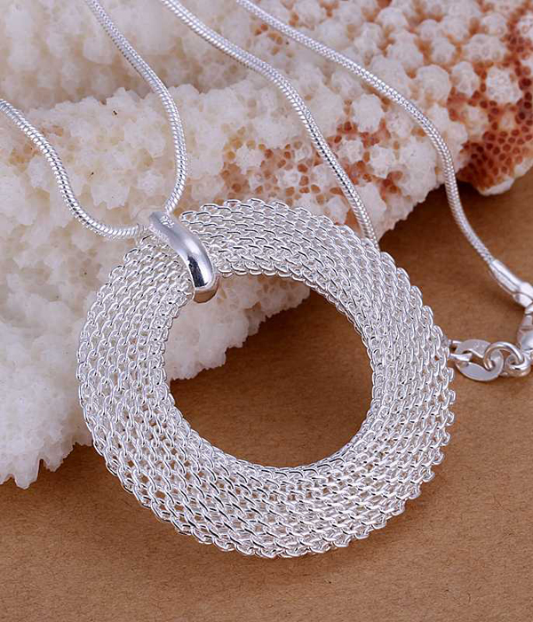 925 sterling silver plating mesh hoop pendant necklace