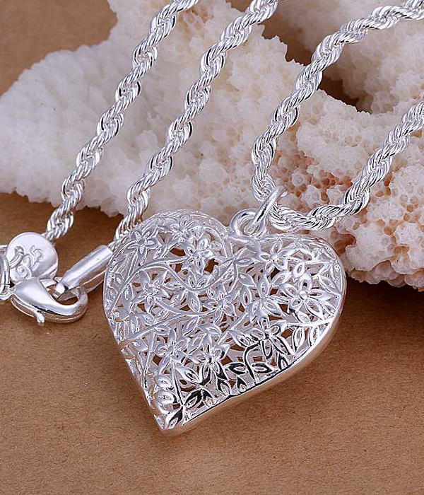 925 sterling silver plating filigree heart pendant necklace -valentine