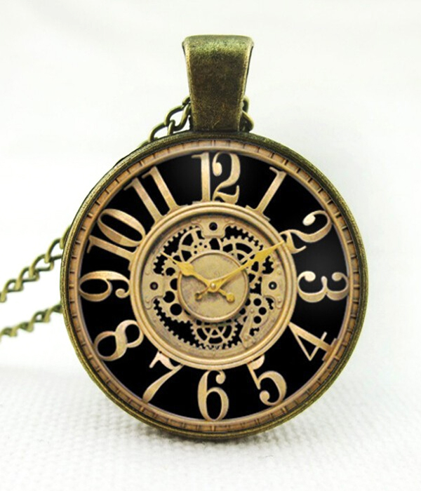 Retro vintage steampunk mechanical watch cabochon necklace