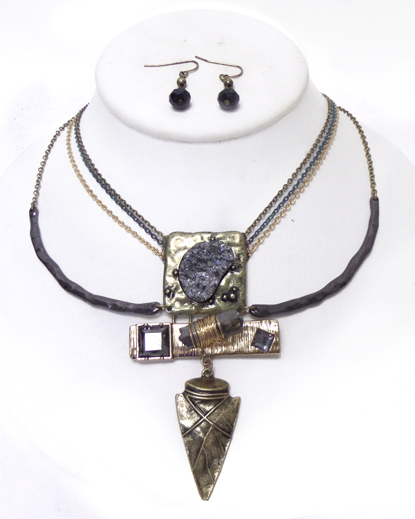 Druzy and arrowhead multi layer primitive necklace set