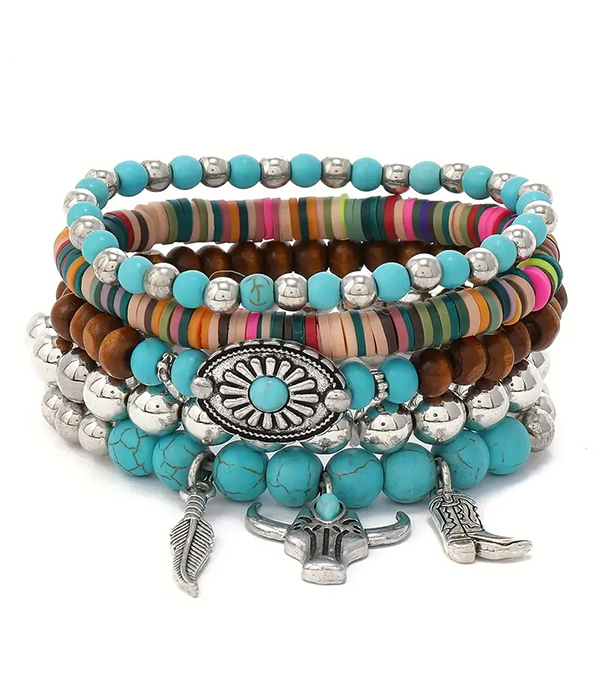 Western theme multi stone mix 5 stretch bracelet set