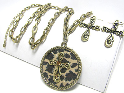 Metal cross on animal pattern round pendant  necklace earring set