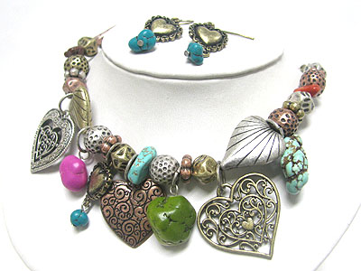 Vintage look natural stone and filigree metal heart charm necklace earring set