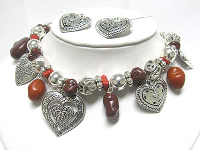 Vintage look natural stone and filigree metal heart charm necklace earring set