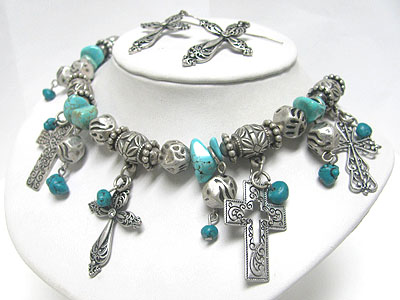 Vintage look natural stone and filigree metal cross charm necklace earring set