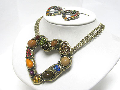 Crystal and stone art deco large metal pendant necklace earring set