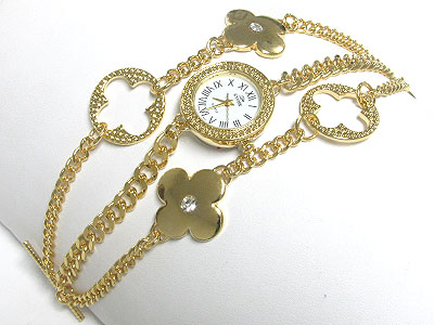 Crystal stud brass metal flower and chain link bracelet watch