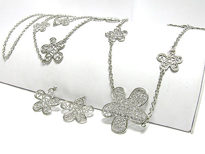 Filigree metal flower and chain link long necklace earring set