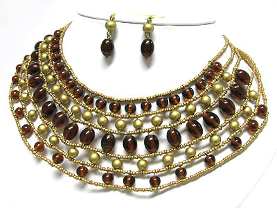 Multi strand woven glass ball and seed beads necklace earring set