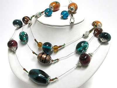 Multi color ceramic and glass ball metal wire necklace earring set