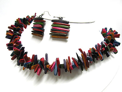 Multi color wood bar link necklace earring set