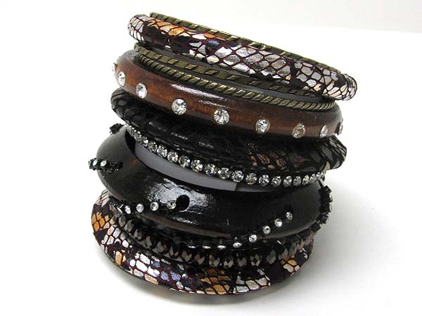 Wood metal crystal snakeskin mishmash bangle set