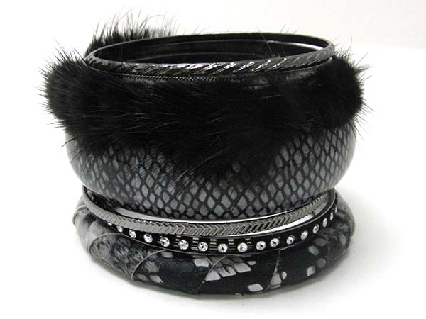 Fur metal crystal snakeskin mishmash bangle set