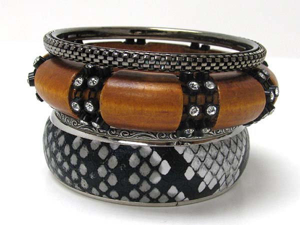 Wood metal crystal snakeskin mishmash bangle set