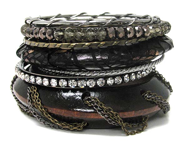 Chain thread wood metal crystal snakeskin mishmash bangle set