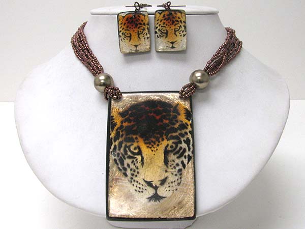 Leopard pattern square pendant multi beads necklace earring set