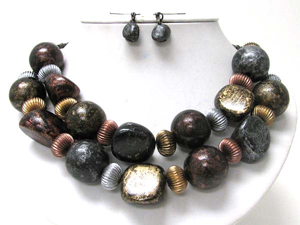 Wood and patina ball link double row neckalce earring set