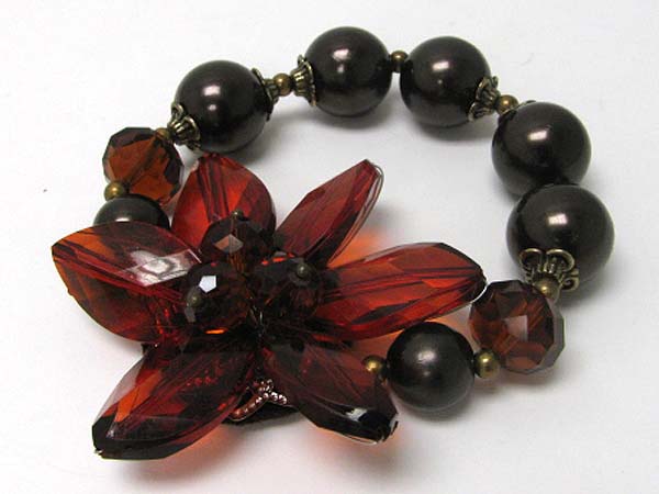 Large acryl flower ceramic and acryl ball stretch bracelet