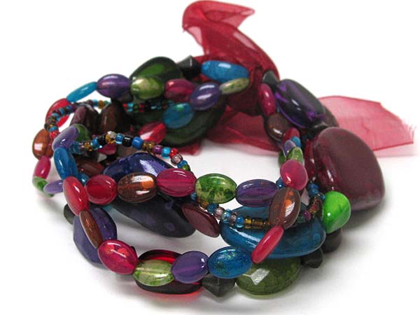 Mixed acryl beads and stone multi row stretch bracelet