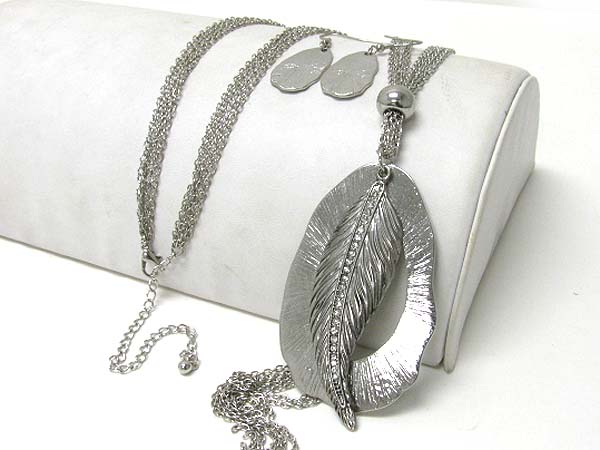 Crystal stud metal feather pendant long chain necklace earring set